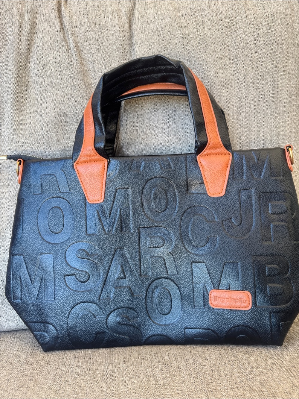 Black Embossed Faux Leather Tote with Orange Logo Patch